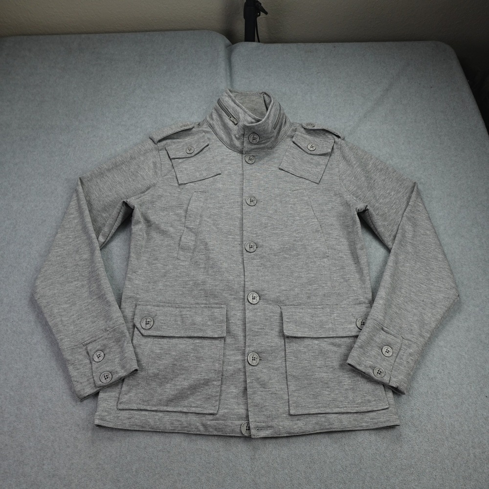 Kane & Unke Jacket Mens Medium Gray Military Field Utility Button Up Hidden Hood